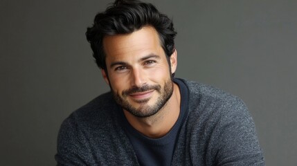 Obraz premium Portrait of a smiling handsome man with tousled dark hair wearing a cozy grey cardigan against a neutral grey background showcasing warmth and approachability