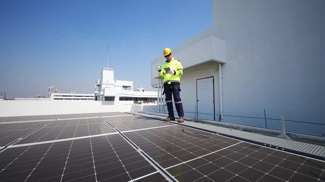 A technician inspects and repairs solar panels on a rooftop installation. The worker wears protective gear and focuses on ensuring the system is functioning well. The sky is clear and bright.