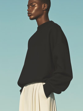 Male fashion concept. Portrait of a handsome afro-american young male model wearing white designer clothes and posing on light blue background. Catalogue, campaign style. Studio shot