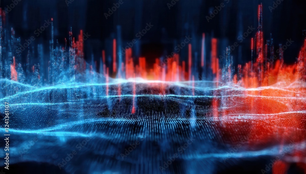 Poster digital data wave with glowing red and blue light patterns, futuristic abstract technology landscape for analytics design
