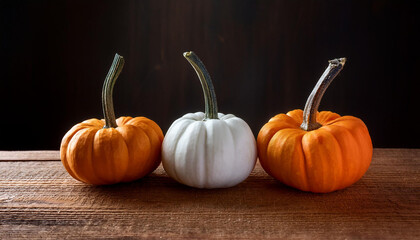 nonetheless life of orange and white pumpkins on rustic wooden desk