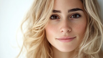 Fototapeta premium Studio portrait of young adult woman with wavy blonde hair and brown eyes wearing natural makeup against white backdrop capturing soft beauty and elegance