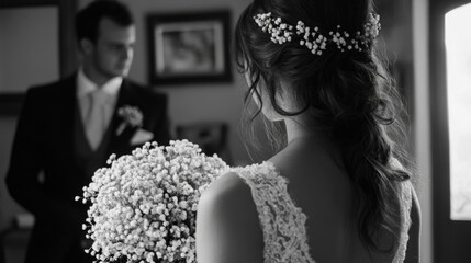 Bride in elegant wedding dress adjusts curls while holding gypsophila bouquet, gazing at groom in formal suit, intimate indoor setting with soft lighting.