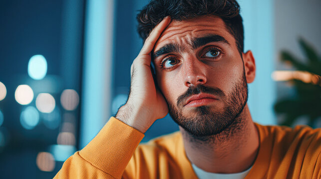 Contemplative young man indoor setting portrait evening introspective mood