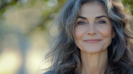 Naklejka premium Mature Woman With Long Gray Hair Smiling In Natural Outdoor Setting Surrounded By Soft Greenery And Gentle Light In Nature