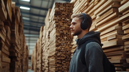 Young warehouse worker wearing protective headphones, inspecting wooden planks in a timber storage area, surrounded by stacked lumber in a well-lit industrial space.