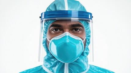 Male healthcare professional wearing protective face mask and shield, isolation in blue medical suit against white background, safety portrait.