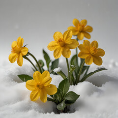 Yellow flowers growing in snow on white