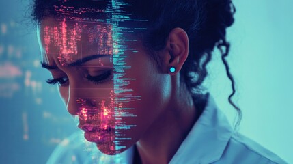 Sad biracial female doctor with curly hair interacting with digital data processing for global medicine in blue and purple tones, futuristic concept.