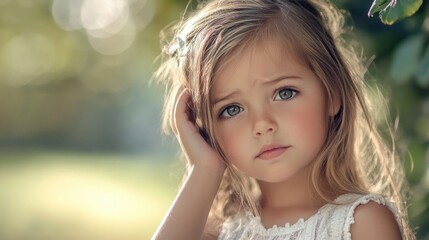Fototapeta premium Thoughtful young girl with wavy light brown hair wearing white dress, resting her chin in hand, showcasing a doubtful expression in a blurred green background.