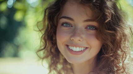 Fototapeta premium Smiling young woman with curly hair and bright white teeth in a lush green park during summer capturing joyful and vibrant outdoor portrait.