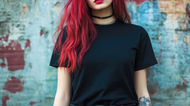 Grunge rock punk girl with vibrant red hair wearing a blank black t-shirt standing against a textured colorful wall background ready for custom designs.
