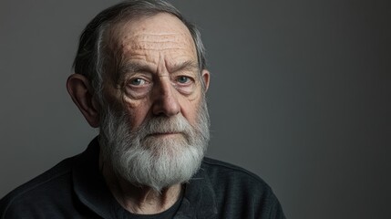 Obraz premium Bearded senior man in black sweater gazing thoughtfully at the camera with a neutral gray background capturing wisdom and introspection.