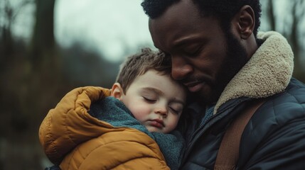 Fototapeta premium Emotional moment between a father and his sleeping son in a warm orange jacket, captured in a serene nature setting during overcast weather.