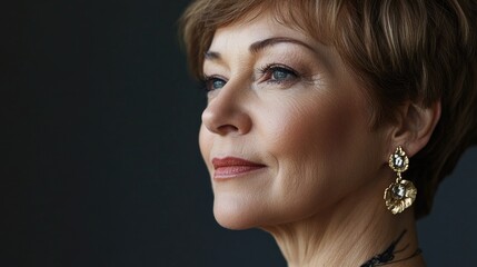 Obraz premium Confident mature woman with short hair and elegant gold earrings against dark background showcasing style and poise in profile view