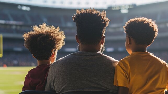 Multiracial family enjoying a football game in a sunlit stadium with a Black father and his two sons observing the field together.