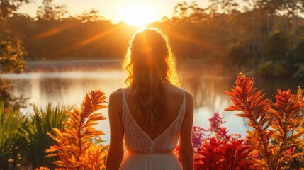 Fashionable young woman admiring vibrant tropical plants at sunset by serene lake in lush Mount Coot-tha Botanic Gardens Brisbane Queensland Australia