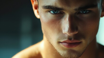 Obraz premium Close-up portrait of a young muscular man with defined features and tanned skin, showcasing strong facial expression and piercing blue eyes, in a soft focused indoor environment.