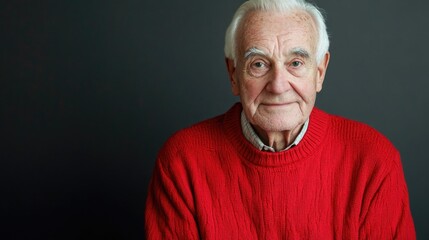 Fototapeta premium Studio portrait of an elderly man with gray hair wearing a vibrant red sweater against a dark gray backdrop showcasing warmth and wisdom.