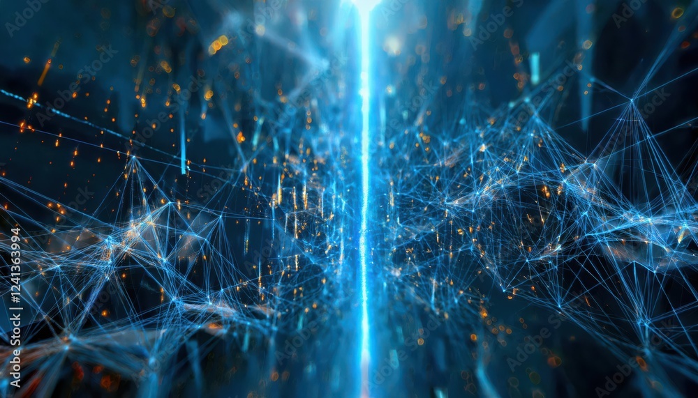 Poster futuristic neural network data flow visualization with glowing blue and orange nodes in cyberspace for tech designs

