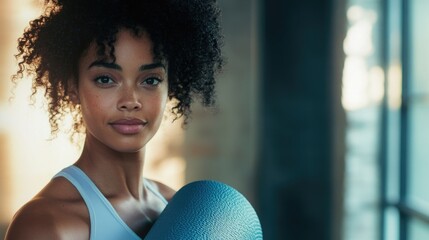 Naklejka premium Portrait of Young Woman with Curly Hair in Light Blue Gym Wear at Modern Yoga Studio Holding Exercise Mat Surrounded by Natural Light