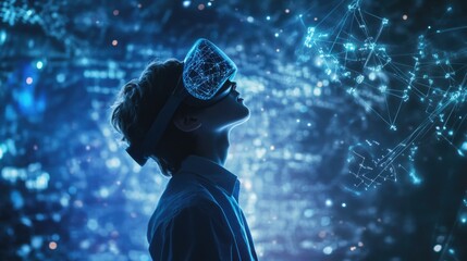 Schoolboy wearing virtual reality headset engaged with mathematical equations illuminated in glowing blue digital environment showcasing global connections and technology exploration