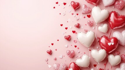 Romantic Valentine's Day layout with red and white heart balloons and delicate confetti, arranged on a soft pastel pink background. Perfect for festive promotions, love-themed invitations