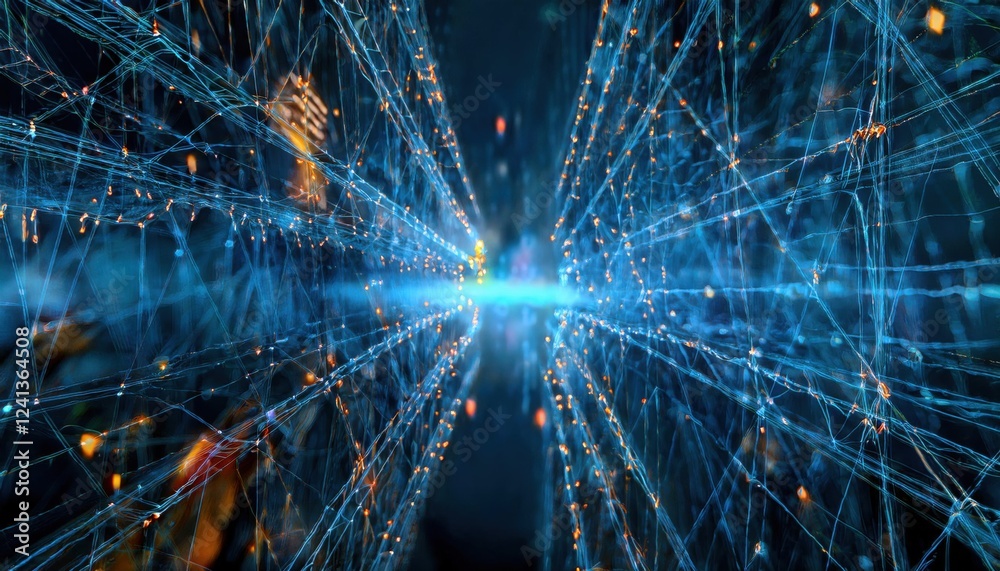 Poster futuristic neural network data flow visualization with glowing blue and orange nodes in cyberspace for tech designs

