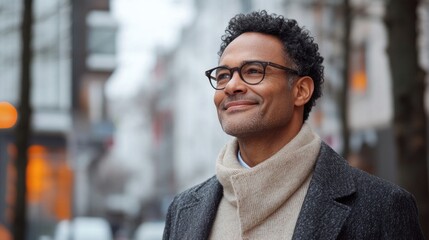 Obraz premium Confident middle-aged man with curly dark hair and glasses wearing gray coat and light sweater, smiling thoughtfully on a bustling urban street in winter.