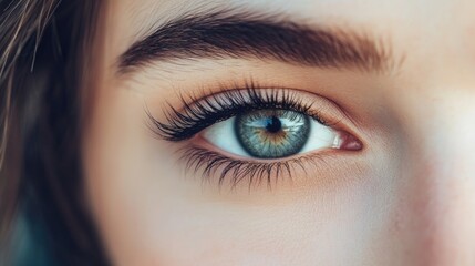 Obraz premium Eyelash Extension Procedure Close-Up of Young Woman's Eye Featuring Long Black Eyelashes and Beautiful Green Iris in Natural Light