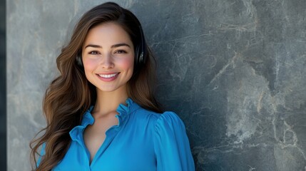 Confident young businesswoman with long brown hair wearing a stylish blue blouse and headset, smiling against a textured gray wall.