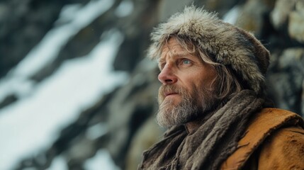 Bearded man wearing fur hat and rugged clothing gazing thoughtfully into the distance in snowy mountain landscape with blurred background.