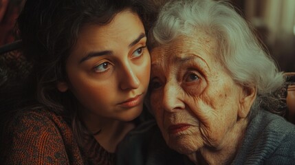 Emotional moment between young woman and elderly mother at home, seeking forgiveness after conflict, warm tones, close-up portrait.