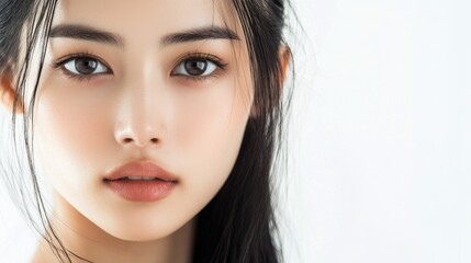 Fototapeta premium Close-up portrait of young Asian woman with long dark hair and natural makeup on bright white background, showcasing clear skin and soft features
