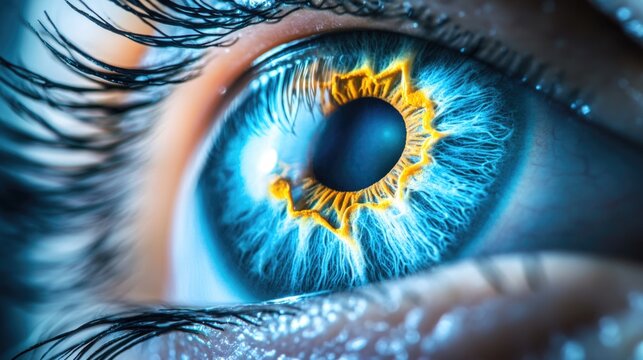Detailed close-up of a human eye showcasing a vibrant blue iris with glowing yellow effects, highlighting advanced eye surgery processes for cataract treatment and multifocal lens implantation in a...