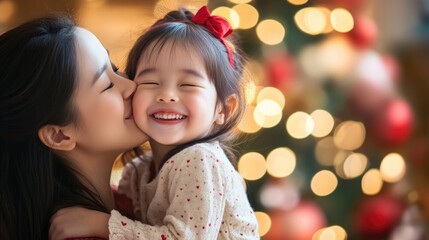 Joyful Asian family sharing a tender moment with child in cozy living room, surrounded by Christmas lights and festive decor, celebrating new beginnings.