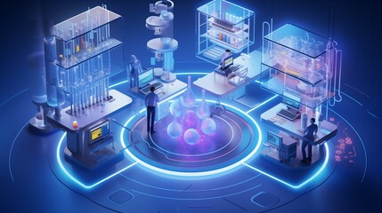 3D isometric genetic research and biotech science concept, showcasing DNA strands and lab equipment in a modern scientific environment.