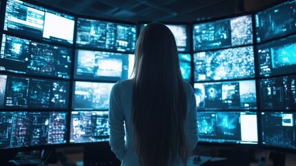 Young professional female hacker with long hair facing multiple brightly lit digital screens in a modern indoor workspace, displaying complex data and information.