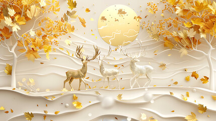 Artwork digital paint wallpaper. golden leaf and sun with colorful trees and deer on a light background