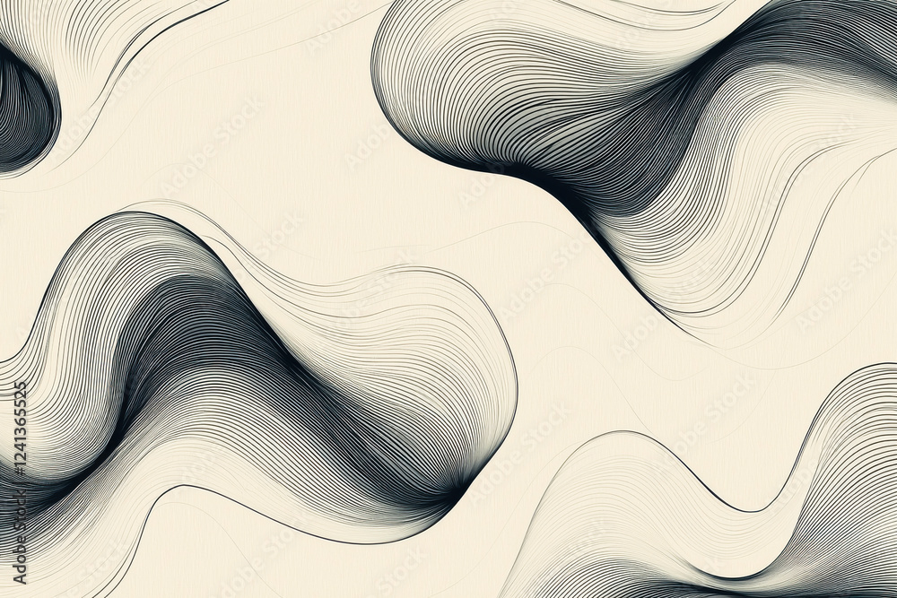 Poster minimalist design featuring abstract black lines creating wave patterns on a soft cream background f