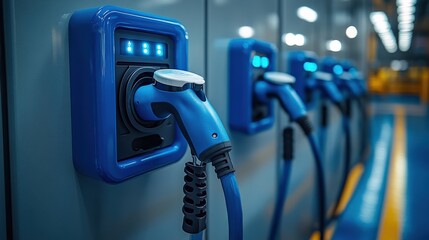 Electric vehicle charging station with multiple connectors in a modern facility, showcasing technology