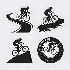 Obraz premium Silhouette Icons of Cycling Sports: Road Cycling, Mountain Biking, BMX, and Track Cycling on White Background