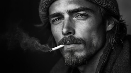 Obraz premium Rugged handsome man with long hair and stubble in gray beanie smoking cigarette against dark background exuding cool confidence in black and white portrait.