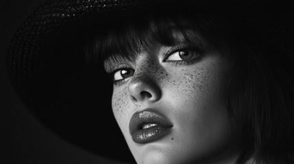Female model with striking facial features and bold black hat against a dark background, close-up portrait showcasing 1960s aesthetic and freckled complexion.