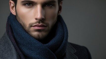 Fototapeta premium Close-up Portrait of a Young European Man with Dark Hair and a Stylish Blue Scarf Dressed in Contemporary Fashion Against a Neutral Background