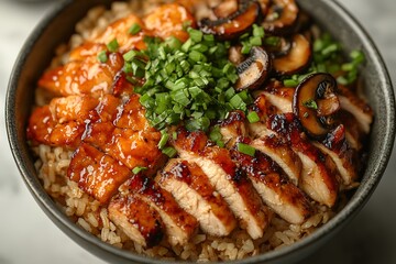 Savory grilled chicken and mushrooms served over rice A delicious and healthy meal