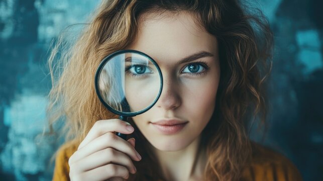 young woman with curly brown hair looking through a magnifying glass examining details with blue background in an indoor setting