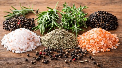 Fototapeta premium Fresh Herbs and Spices Arrangement on Wooden Table Surface