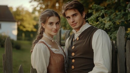 Obraz premium Young couple in traditional Austrian attire posing together near wooden fence in lush green garden during golden hour light