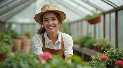 Smiling Woman in a Greenhouse Celebrating Valentine's Day With Blooming Flowers